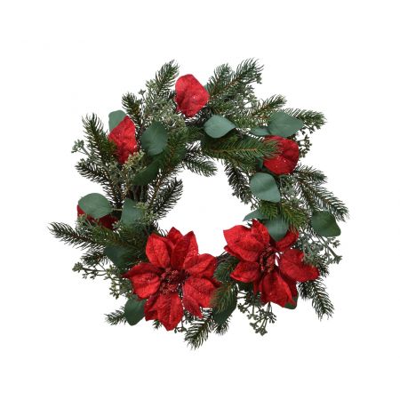 Artificial Wreath W/ Red Poinsettias 40Cm